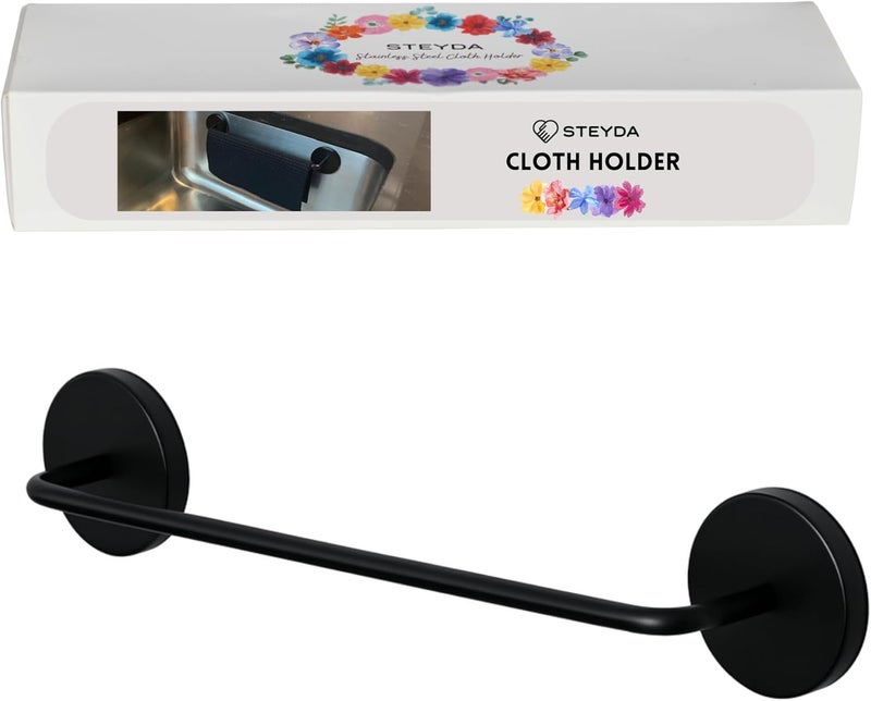 STEYDA Black Steel Dish Cloth Rail for Kitchen, Towel Holder for All Types of Sinks and Flat Smooth Surfaces - Image 1